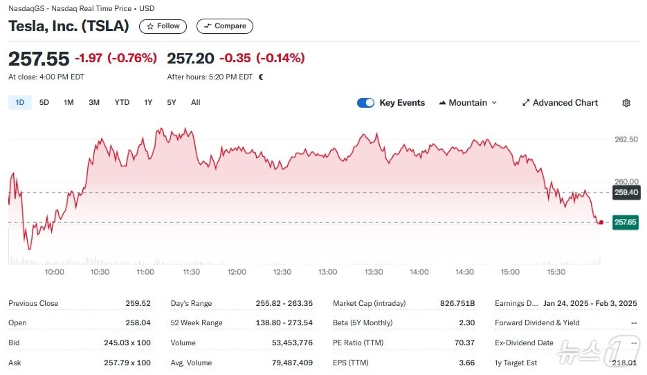 테슬라 일일 주가추이 - 야후 파이낸스 갈무리