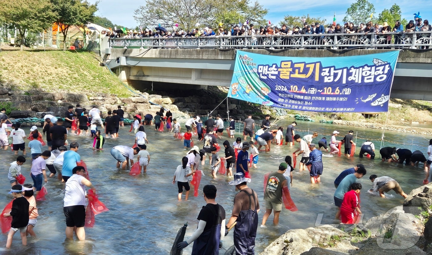 전북 완주군 고산자연휴양림 일원에서 열린 완주와일드&로컬푸드 축제를 찾은 관광객들이 맨손 물고기 잡기 체험을 하고 있다. 2024.10.5/뉴스1 ⓒ News1 강교현 기자