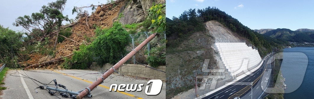 지난해 7월 집중호우로 인한 지반 침하와 도로 사면 붕괴&#40;산사태&#41; 피해를 입었던 전북자치도 정읍시 쌍암동 내장저수지 인근 시도 35호선 도로 사면 복구공사가 완료됐다. 산사태 발생 직후 사진&#40;왼쪽&#41;과 복구 후 사진&#40;뉴스1/DB&#41;