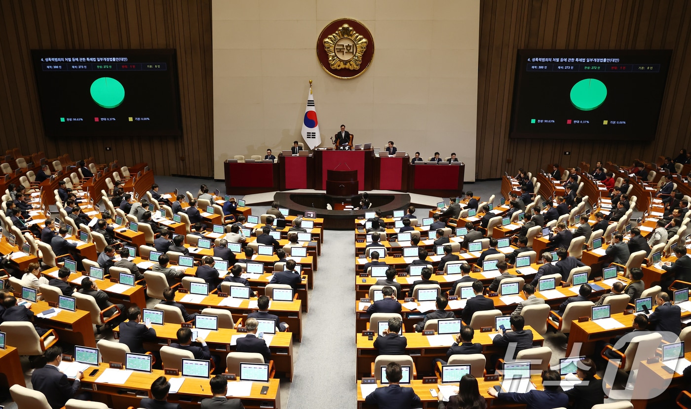 14일 오후 서울 여의도 국회에서 열린 제418회국회&#40;정기회&#41; 제12차 본회의에서 성폭력범죄의 처벌 등에 관한 특례법 일부개정법률안&#40;대안&#41;이 재적 300인 중 재석 273인, 찬성 272인, 반대 1인으로 가결되고 있다. 2024.11.14/뉴스1 ⓒ News1 김민지 기자