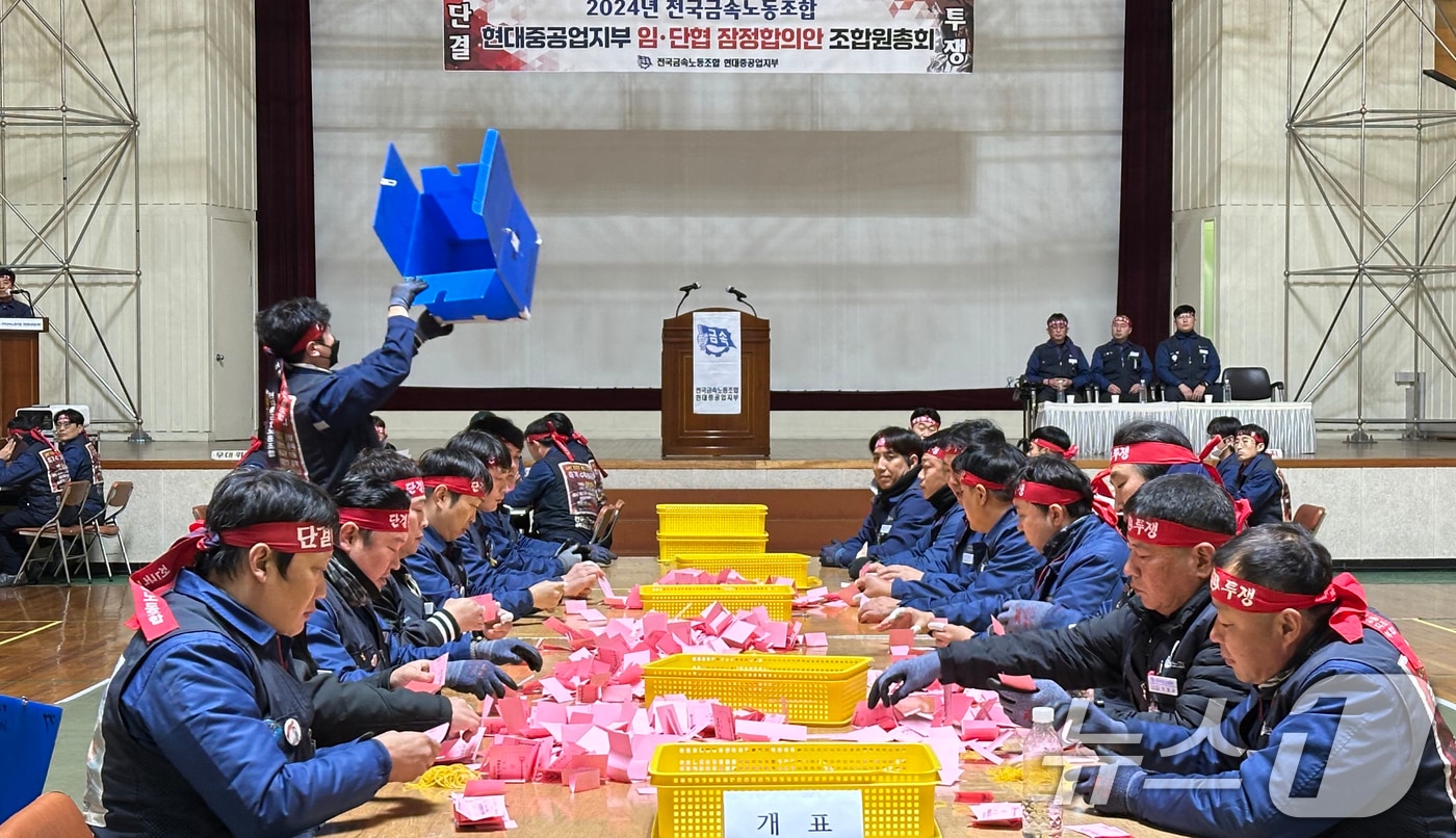 HD현대중공업 노조 조합원들이 21일 울산 본사 체육관에서 올해 임금 및 단체협상 2차 잠정합의안 조합원 찬반투표 개표를 하고 있다. &#40;HD현대중공업 노조 제공&#41; 2024.11.21/뉴스1 ⓒ News1