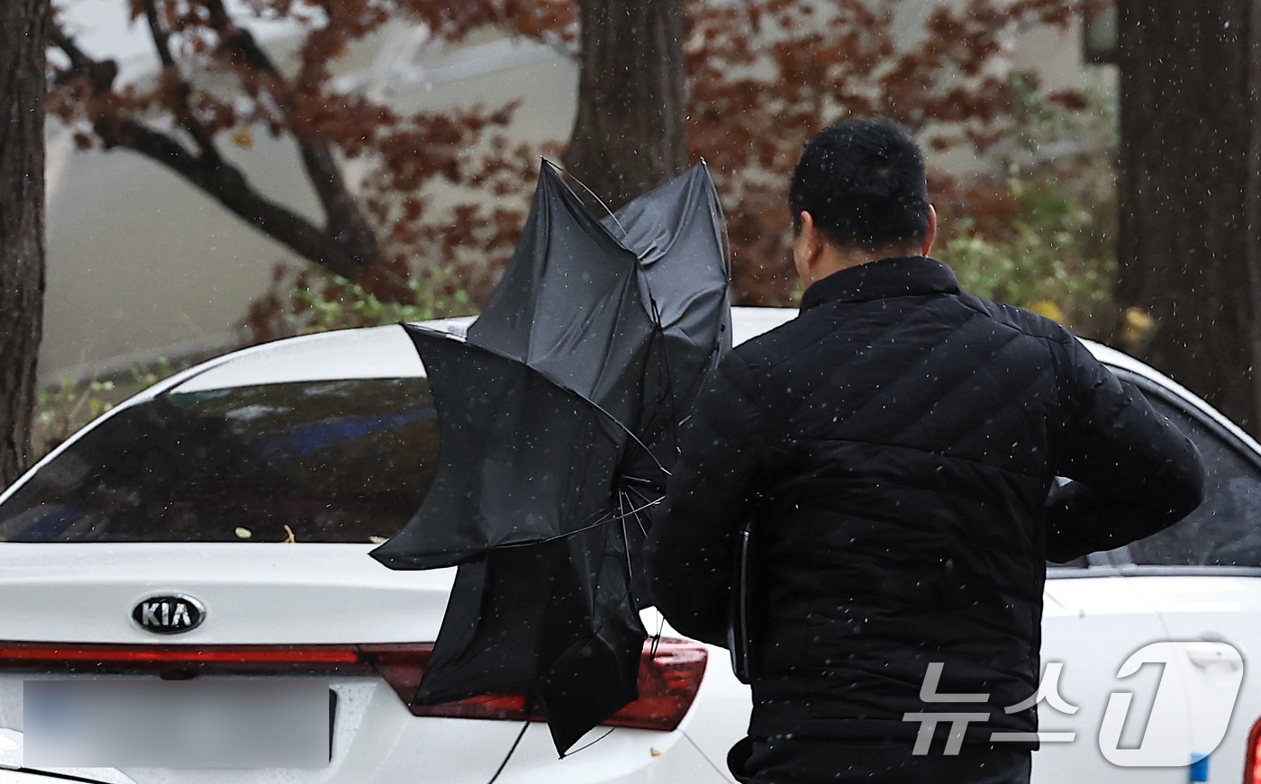 시민이 거세게 몰아치는 비바람에 힘겹게 발걸음을 옮기고 있다. ⓒ News1