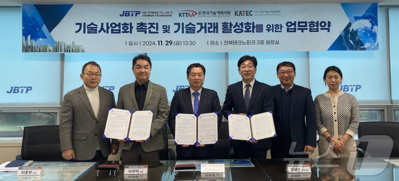 전북테크노파크가 한국기술거래사회, 한국기술사업회협회와 업무협약을 체결했다.&#40;전북TP 제공&#41; 2024.11.30/뉴스1