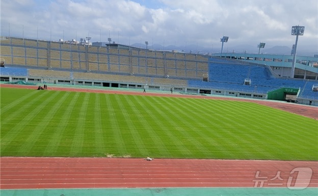 추가 파종을 마친 제주종합경기장 주경기장.&#40;제주시 제공&#41;/뉴스1 