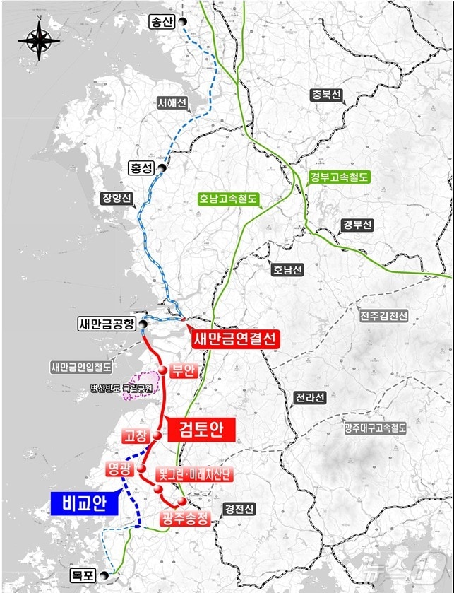 새만금에서 부안과 고창을 거쳐 전남 목포까지 이어지는 서해안철도의 국가철도망 반영을 촉구하는 범국민 서명운동이 관련 5개 시·군에서 일제히 시작됐다. 서해안철도망 구축 예상도&#40;부안군 제공&#41;2024.12.10/뉴스1 