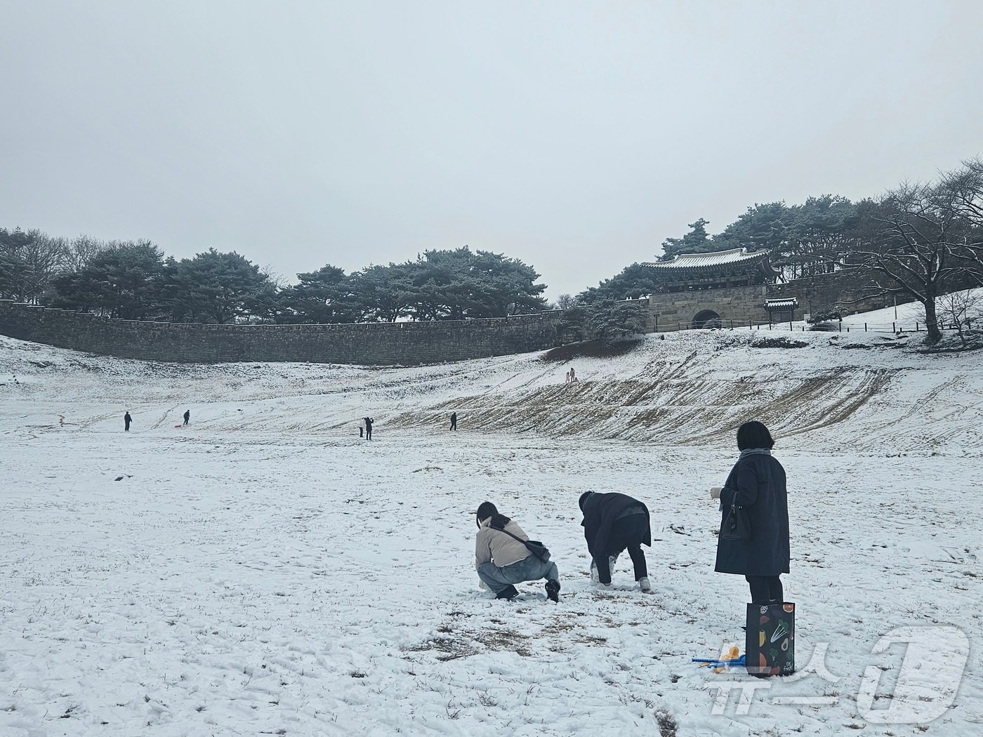 15일 오후 청주 상당산성에서 어린 자녀들과 부모가 함께 눈싸움을 준비하고 있다.2024.12.15/뉴스1 이재규 기자 ⓒ News1 이재규 기자