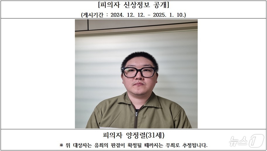 검찰이 공개한 김천 오피스텔 살인 피의자 양정철 머그샷/뉴스1