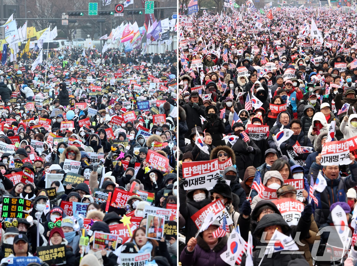 1일 서울 광화문 동십자각에서 열린 윤석열즉각퇴진·사회대개혁 비상행동 범국민촛불대행진에서 시민들이 명동으로 행진하고 있다.&#40;왼쪽&#41; 한편 서울 종로구 광화문 동화면세점 앞에서 열린 대한민국바로세우기국민운동본부 주최 &#39;대통령 탄핵 반대 자유민주주의 수호 광화문 국민혁명대회&#39;에서 참가자들이 구호를 외치고 있다. 2024.12.21/뉴스1 ⓒ News1 김명섭 기자