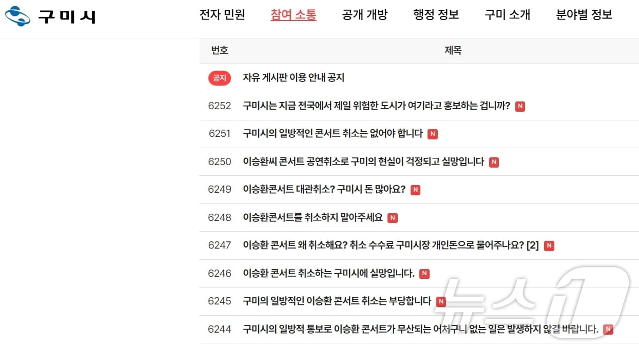 구미시가 23일 &#39;이승환 구미 공연 대관 취소&#39; 결정을 내리자 구미시청 홈페이지에 &#39;대관 취소 반대&#39;를 요구하는 게시물이 쏟아졌다. /뉴스1