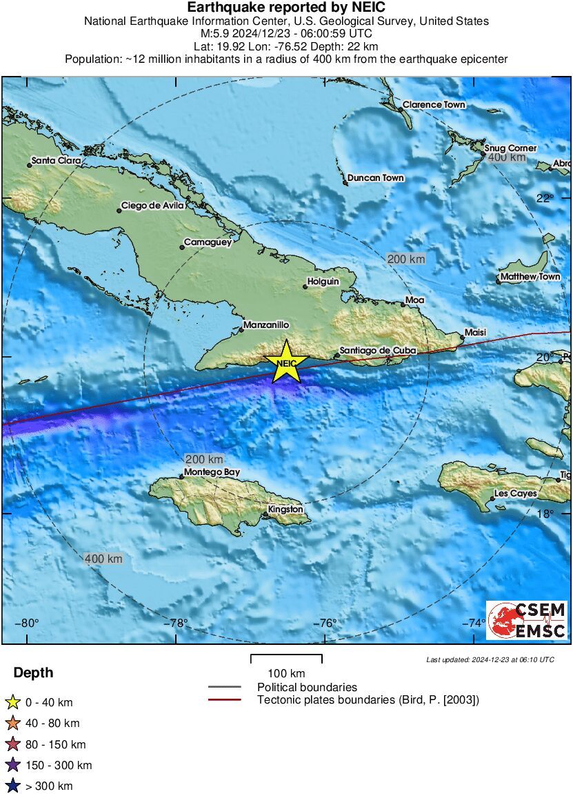쿠바 동부 바야모 남남동쪽 바다에서 규모 5.9의 지진이 23일&#40;현지시간&#41; 발생했다. 2024.12.23/ &#40;유럽지중해지진센터 갈무리&#41;