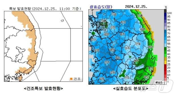 건조특보 발효현황 및 실효습도 분포도&#40;대구기상청 제공&#41;