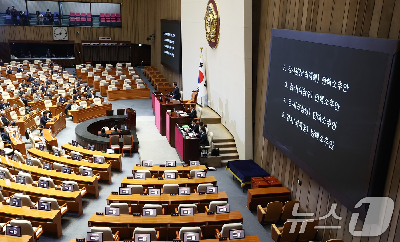 5일 오전 서울 여의도 국회에서 열린 본회의에서 국민의힘 의원들이 불참한 가운데 최재해 감사원장과 이창수·조상원·최재훈 검사 탄핵소추안이 통과되고 있다. 2024.12.5/뉴스1 ⓒ News1 김민지 기자