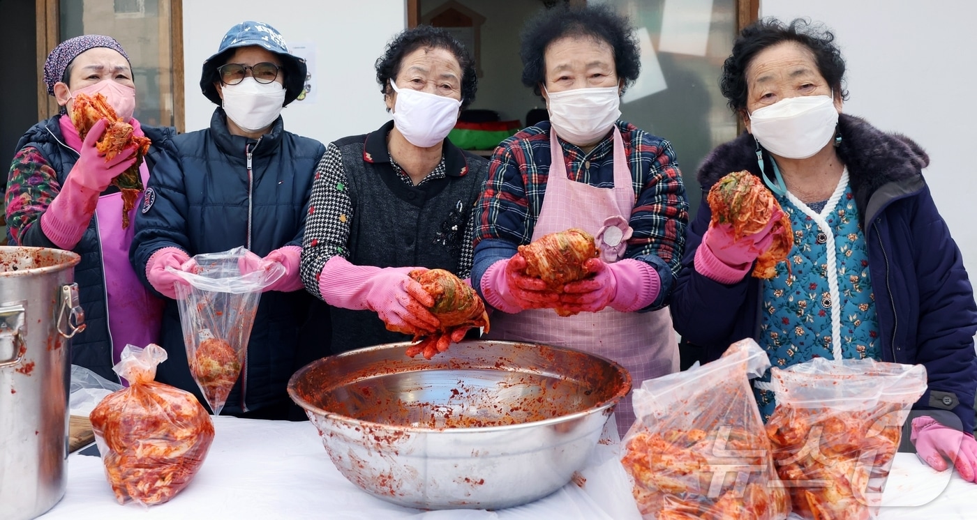 칠곡 할매래퍼그룹 &#39;텃밭 왕언니들이 지난 9일 김장을 하고 있다. &#40;칠곡군 제공&#41; 2024.12.10/뉴스1