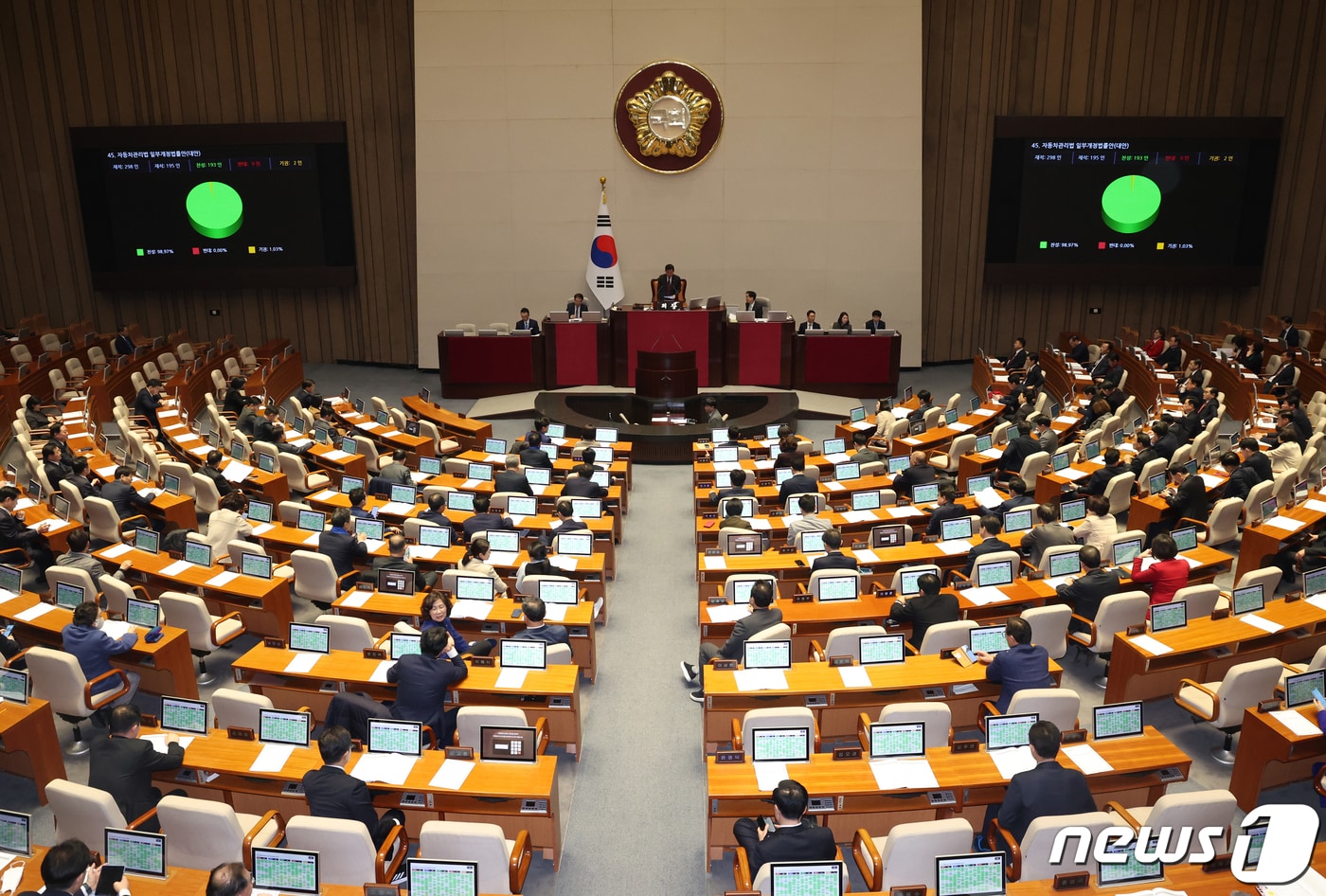 1일 서울 여의도 국회 본회의장에서 열린 제412회국회&#40;임시회&#41; 제2차 본회의에서 자동차 번호판 봉인제도 폐지를 골자로 하는 &#39;자동차관리법 개정안&#39; 이 통과되고 있다. 2024.2.1/뉴스1 ⓒ News1 송원영 기자