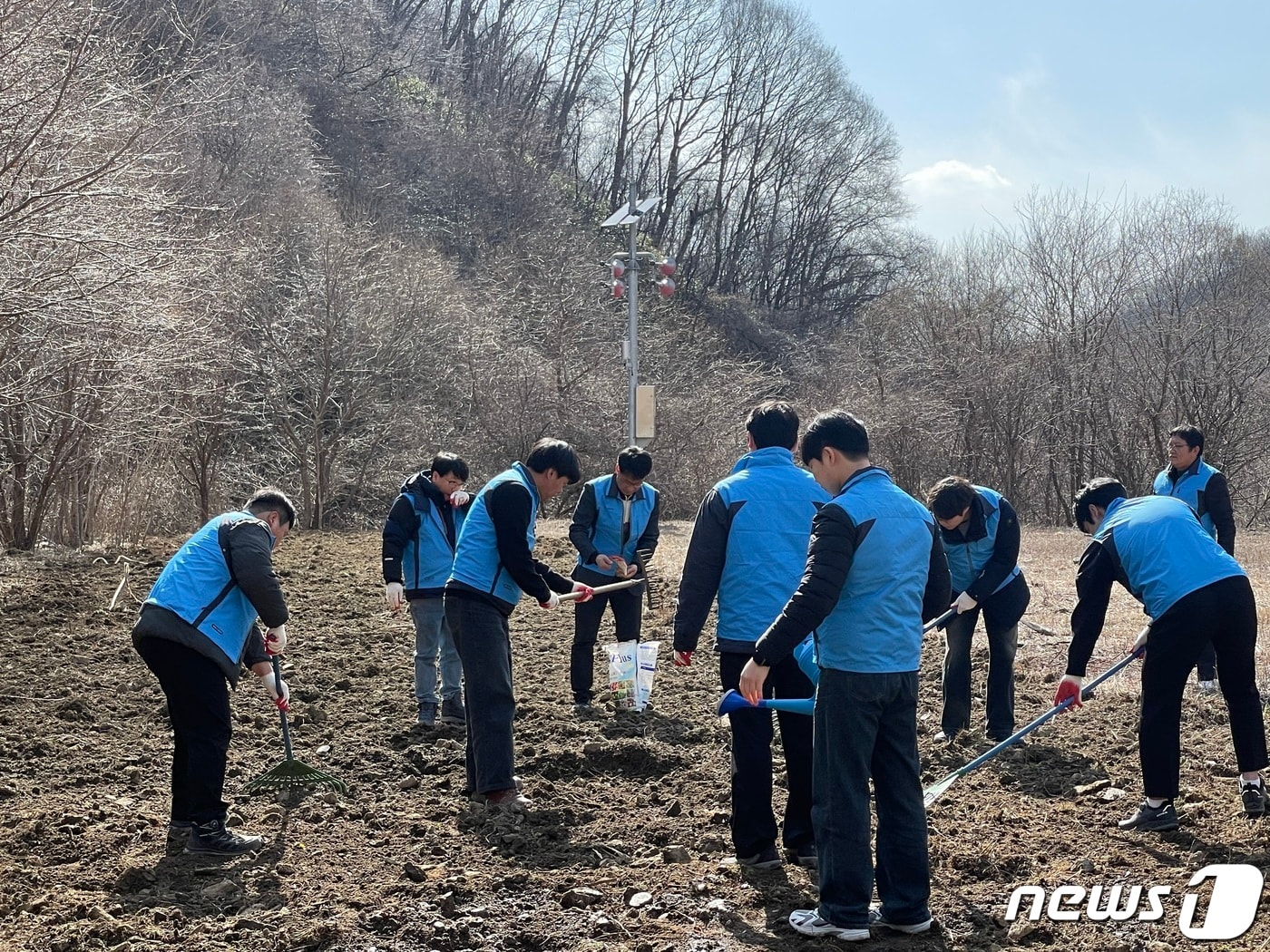 29일 한국농어촌공사 무진장지사 직원들이 장수군 용림저수지 하류 유휴부지 0.5ha에 밀원수 씨앗을 파종하고 있다.&#40;무진장지사 제공&#41;2024.2.29/뉴스1