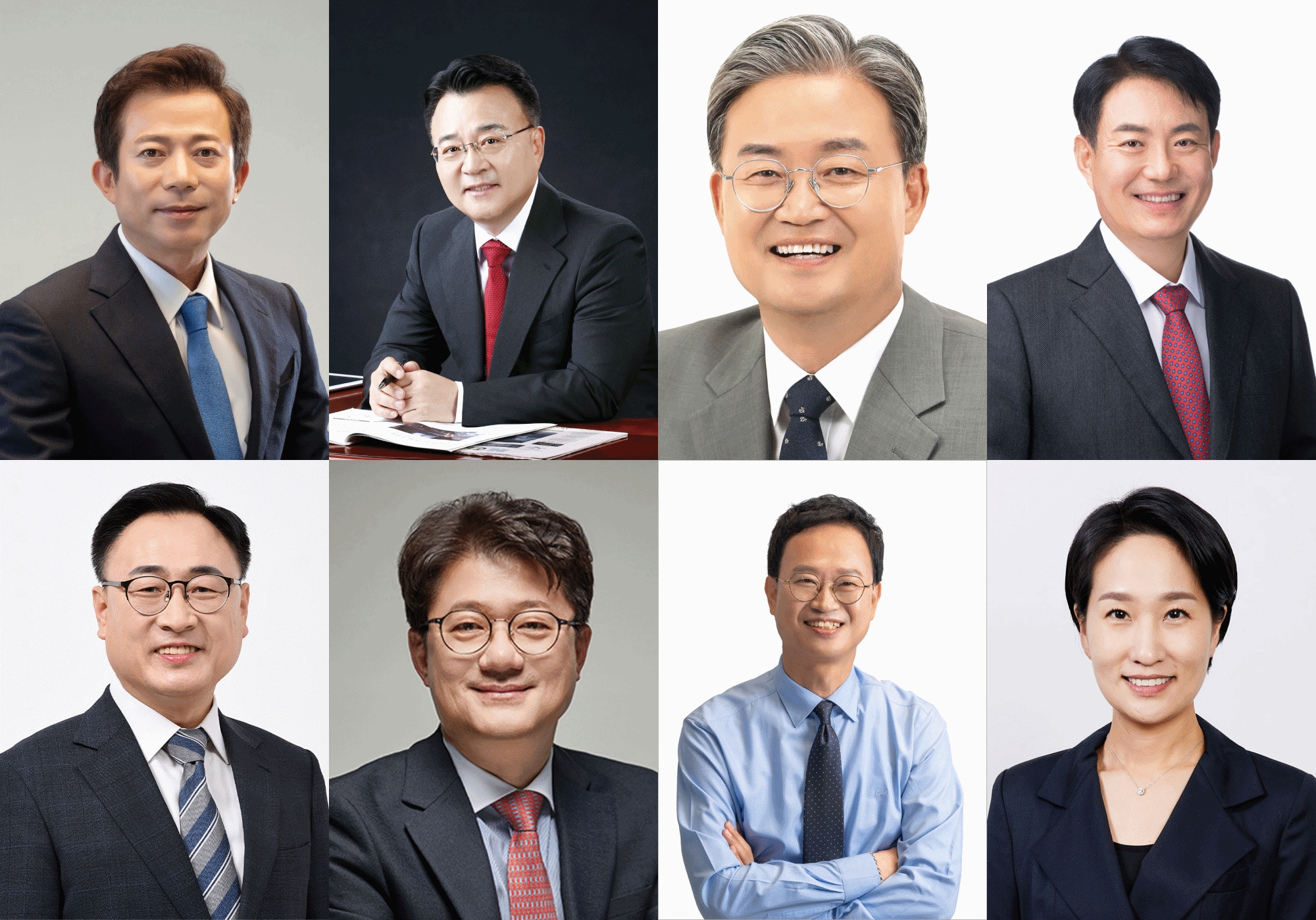  왼쪽부터 민주당 이강일 후보, 국민의힘 서승우 후보, 민주당 이연희 후보, 국민의힘 김동원 후보, 민주당 이광희 후보, 국민의힘 김진모 후보, 민주당 송재봉 후보, 국민의힘 김수민 후보.