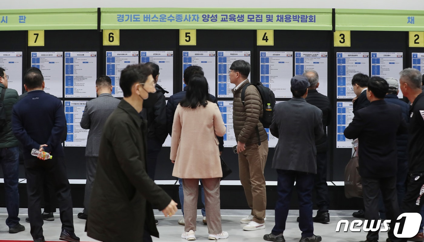 27일 오전 경기 수원시 권선구 수원메쎄에서 열린 &#39;경기도 버스운수종사자 양성 교육생 모집 및 채용박람회&#39;에서 구직자들이 채용게시판을 살펴보고 있다. 2024.3.27/뉴스1 ⓒ News1 김영운 기자