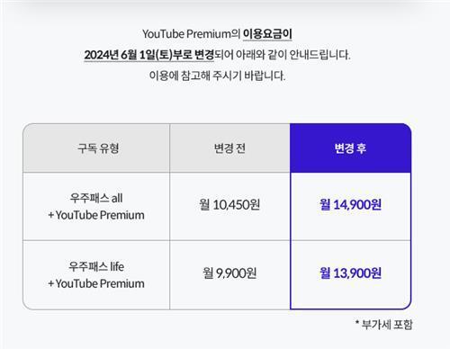 SK텔레콤이 6월부터 T월드 홈페이지에 구독 상품 패키지 &#39;우주패스&#39;에 포함된 유튜브 프리미엄 구독 상품 요금을 인상하겠다고 밝혔다.&#40;SK텔레콤 홈페이지 캡처&#41;
