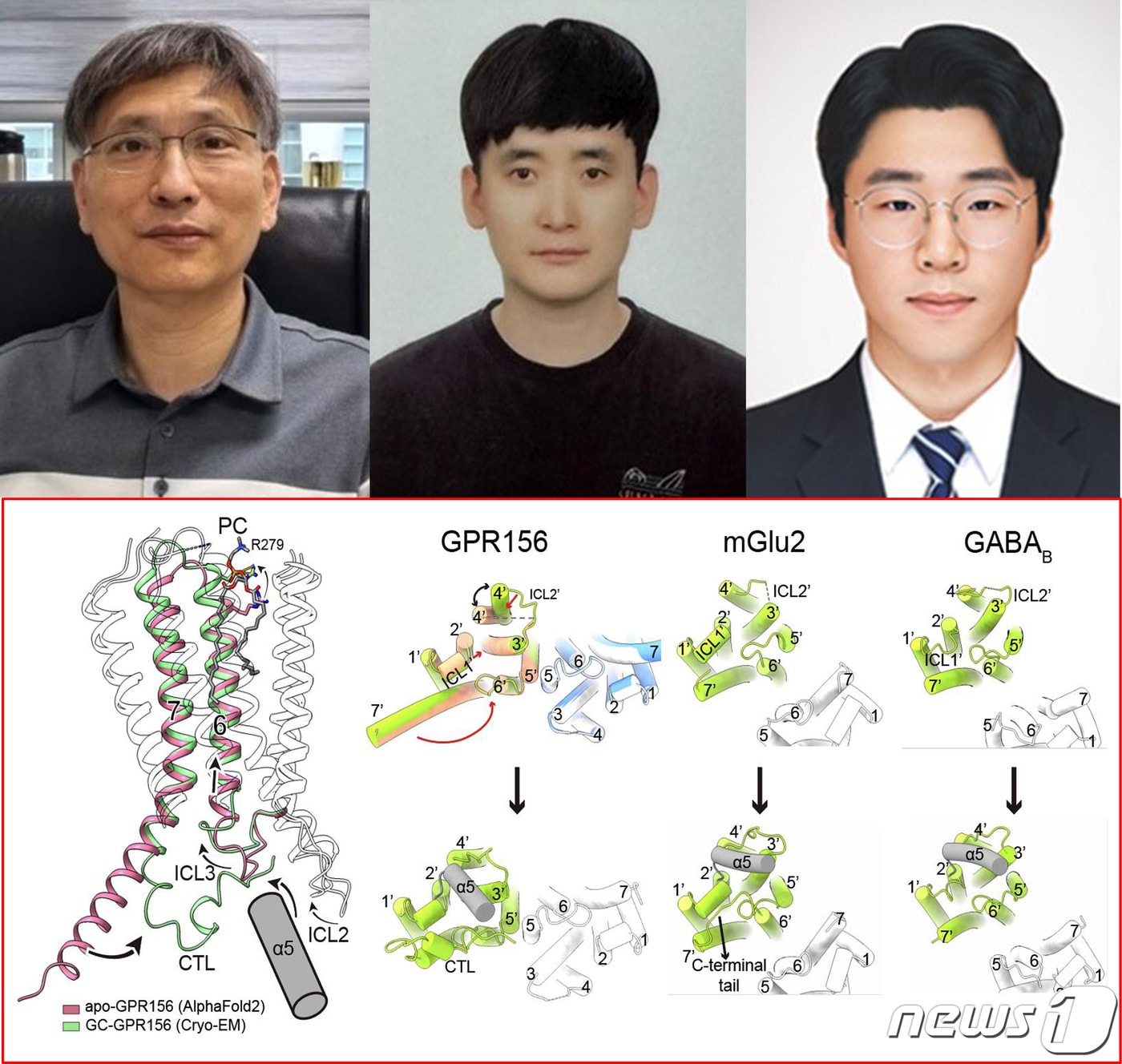 포스텍&#40;포항공대&#41;생명과학과 조윤제 교수 연구팀이 경희대 응용화학과 김광표 교수팀, 미국 서던 캘리포니아대 브셰블로드 카트리치 교수팀과 영국 옥스포드대 캐롤 로빈슨 교수와의 공동연구에서 청각과 관련된 특정 수용체 단백질 구조와 메커니즘을 밝히는데 성공했다.&#40;왼쪽부터 조윤제 교수, 박사과정 신진우, 통합과정 박준현 씨 포스텍 제공&#41; 2024.4.11/뉴스1