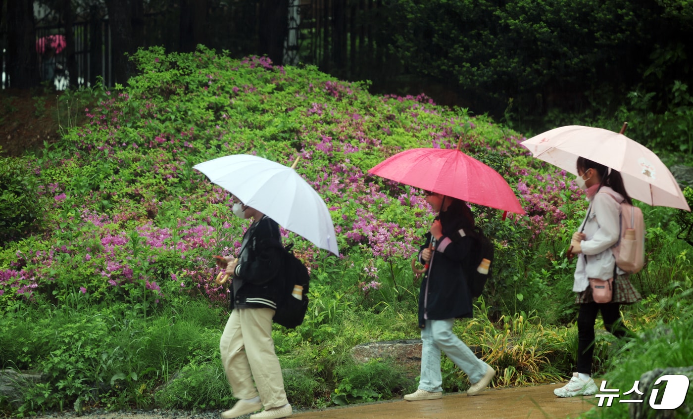 4월29일 광주시 광산구 수완동 한 아파트 입구에서 우산을 쓴 초등학생들이 등교하고 있다. 2024.4.29/뉴스1 ⓒ News1 김태성 기자