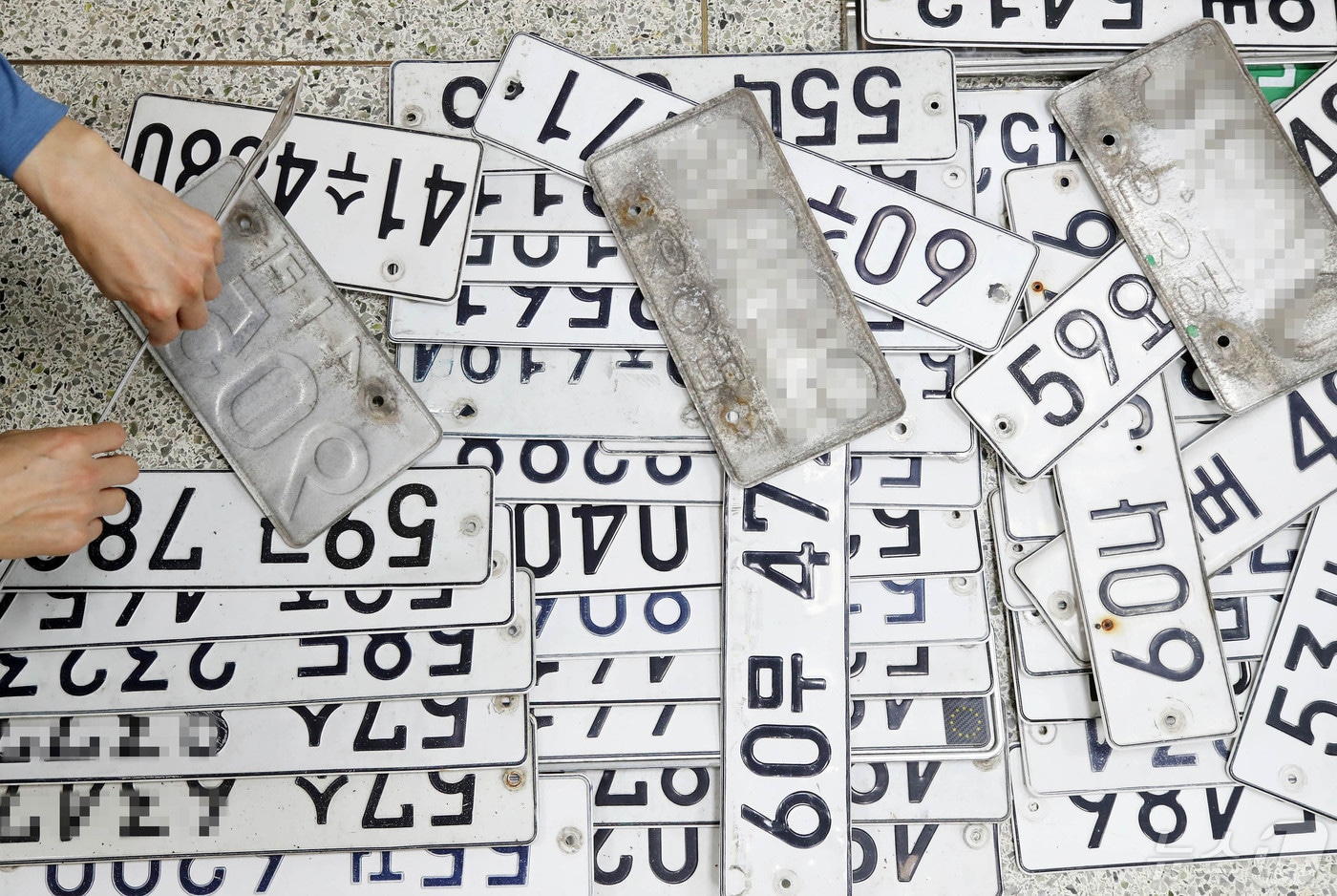 광주 북구청 세무과에서 체납관리팀 직원들이 관내 체납차량에서 영치한 자동차 번호판을 확인하고 있다. &#40;광주 북구 제공. 재판매 및 DB 금지&#41;2024.4.29/뉴스1