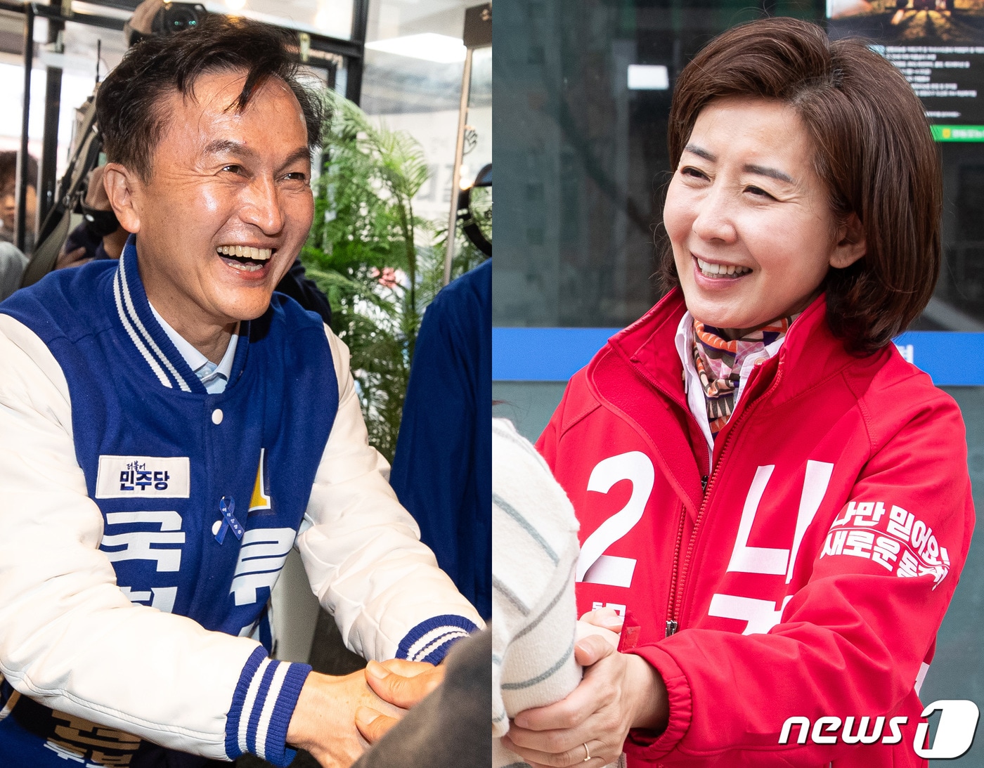 제22대 국회의원 선거 서울 동작을에 출마한 더불어민주당 류삼영(왼쪽), 국민의힘 나경원 후보가 3일 서울 동작구 사당동 및 상도동 일대에서 각각 유권자들과 만나 지지를 호소하고 있다. 2024.4.3/뉴스1 ⓒ News1 유승관 기자
