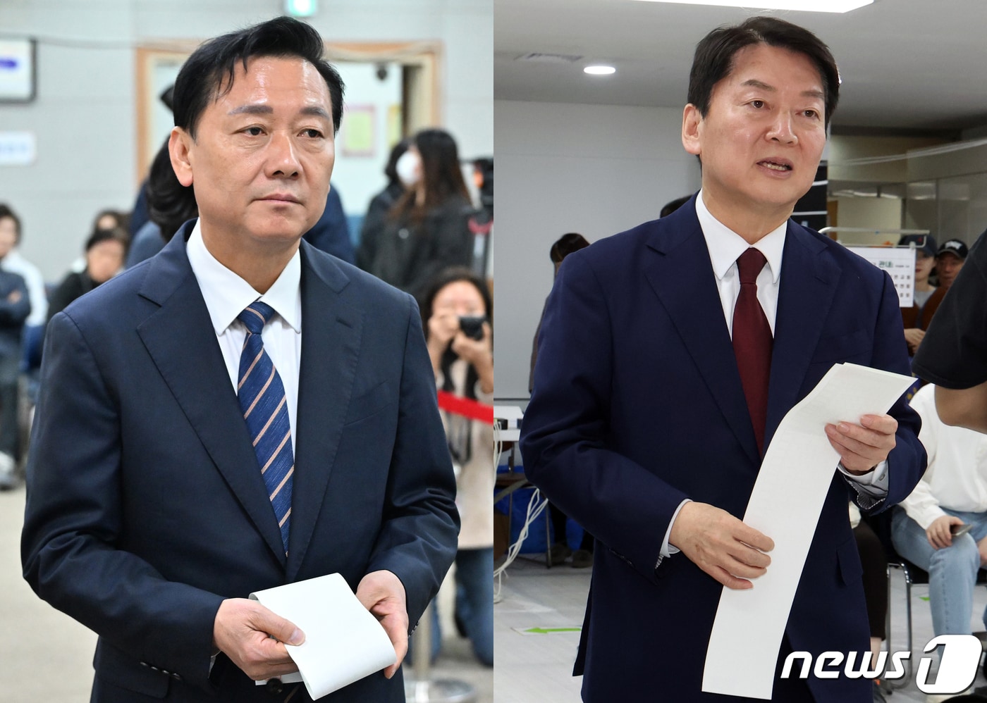 2024년 4월 5일 제22대 국회의원 선거 사전투표일을 맞아 경기 성남시 분당구 서현1동 행정복지센터 사전투표소에서 경기 성남 분당갑에 출마한 이광재 더불어민주당 후보(왼쪽)와 야탑2동 행정복지센터에서 안철수 국민의힘 후보가 각각 사전투표하고 있는 모습. 2024.4.5 ⓒ 뉴스1 김명섭 기자