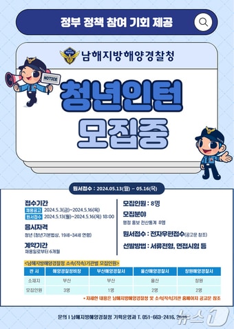 남해해경청, 청년인턴 채용 모집 포스터&#40;남해해경청 제공&#41;