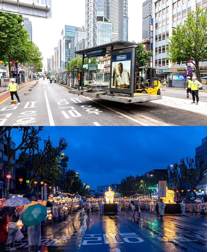 정류장 이동하는 사진(위)/연등행렬 사진(아래) /제공=제이씨데코