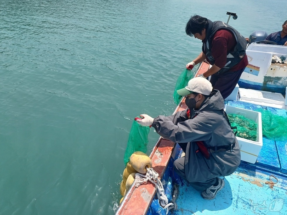 지난 21일 신안군 장산 팽진어촌계(어촌계장 최윤성)에서 전복 1만 8000미를 어장관리선에서 해상 방류하고 있다. (신안군 제공)/뉴스1 ⓒ News1 김태성 기자