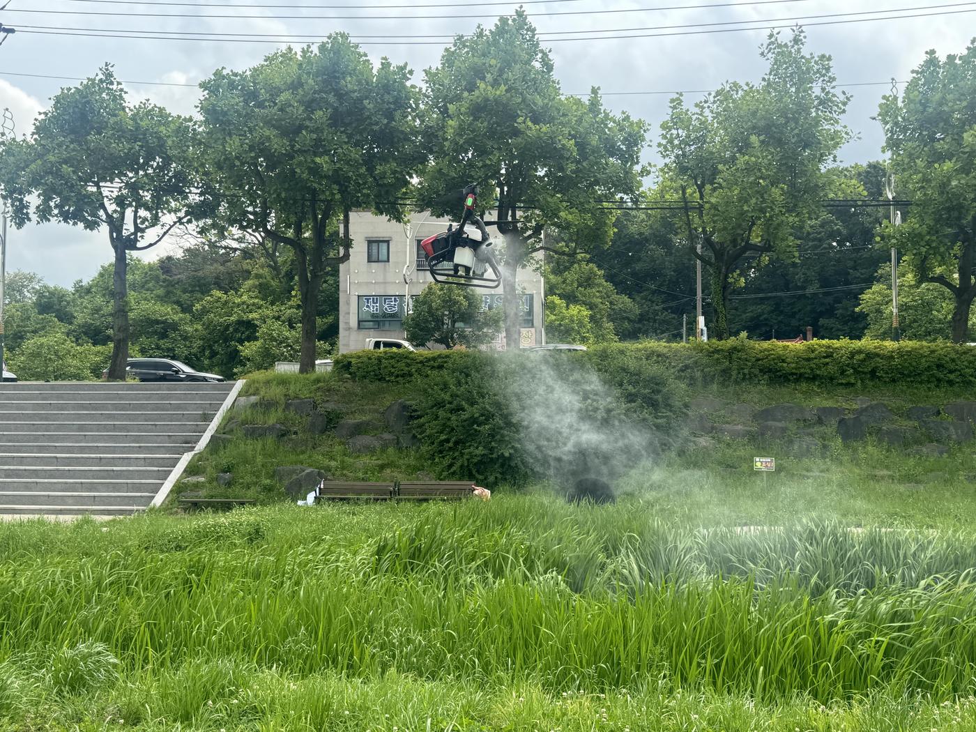  드론이 하천에서 약품을 투하하고 있다. (당진시 제공)/뉴스1