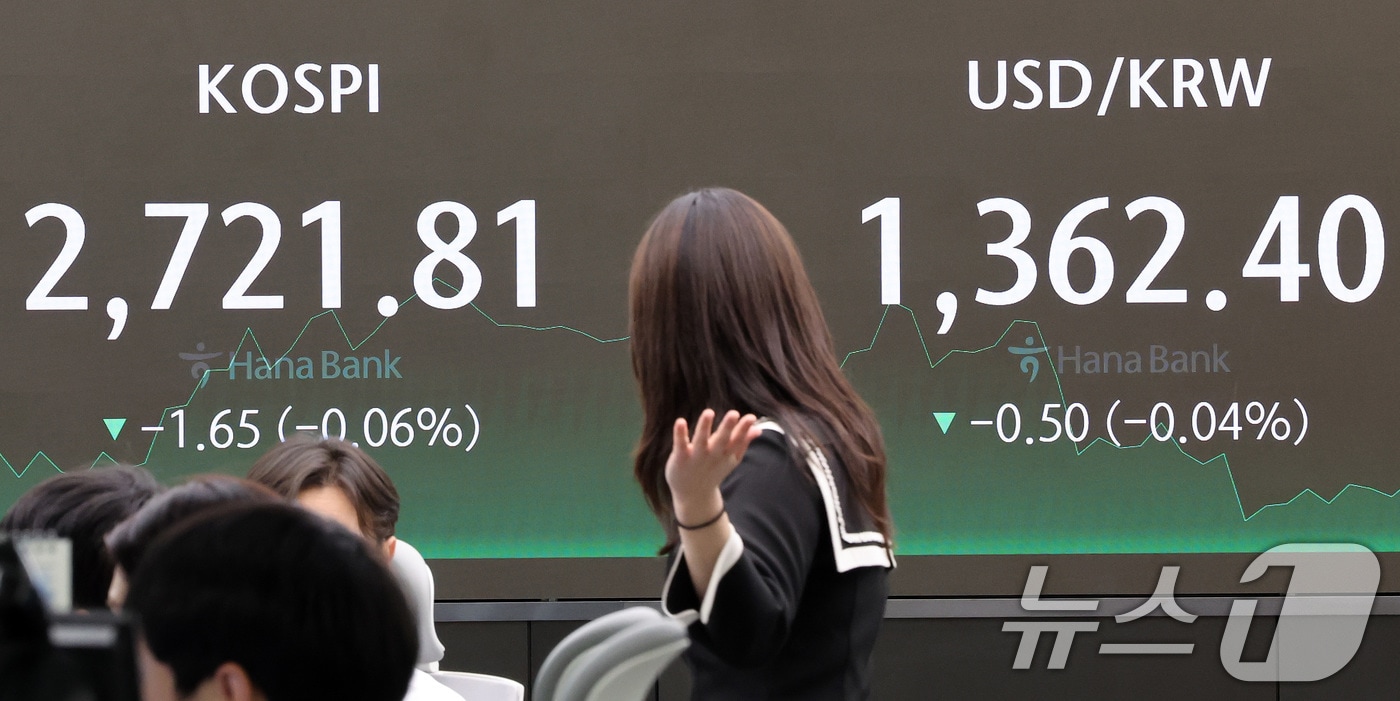 23일 오후 서울 중구 하나은행 딜링룸에서 직원이 업무를 보고 있다. 이날 코스피는 전날 대비 1.65포인트&#40;p&#41;&#40;0.06%&#41; 하락한 2721.81, 코스닥은 0.86p&#40;0.10%&#41; 상승한 846.58로 장을 마쳤다. 원·달러 환율은 전날보다 0.5원 내린 1362.4원으로 마감했다. 2024.5.23/뉴스1 ⓒ News1 이동해 기자