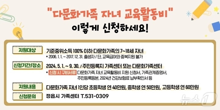 정읍시가 올해 처음으로 저소득 다문화가정 자녀의 교육활동비를 지원한다.&#40;정읍시 제공&#41;2024.5.8/뉴스1 