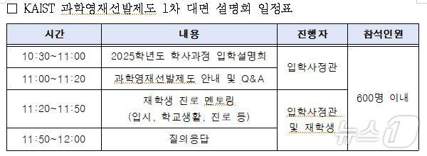 KAIST 과학영재선발제도 1차 대면 설명회 일정표./뉴스1