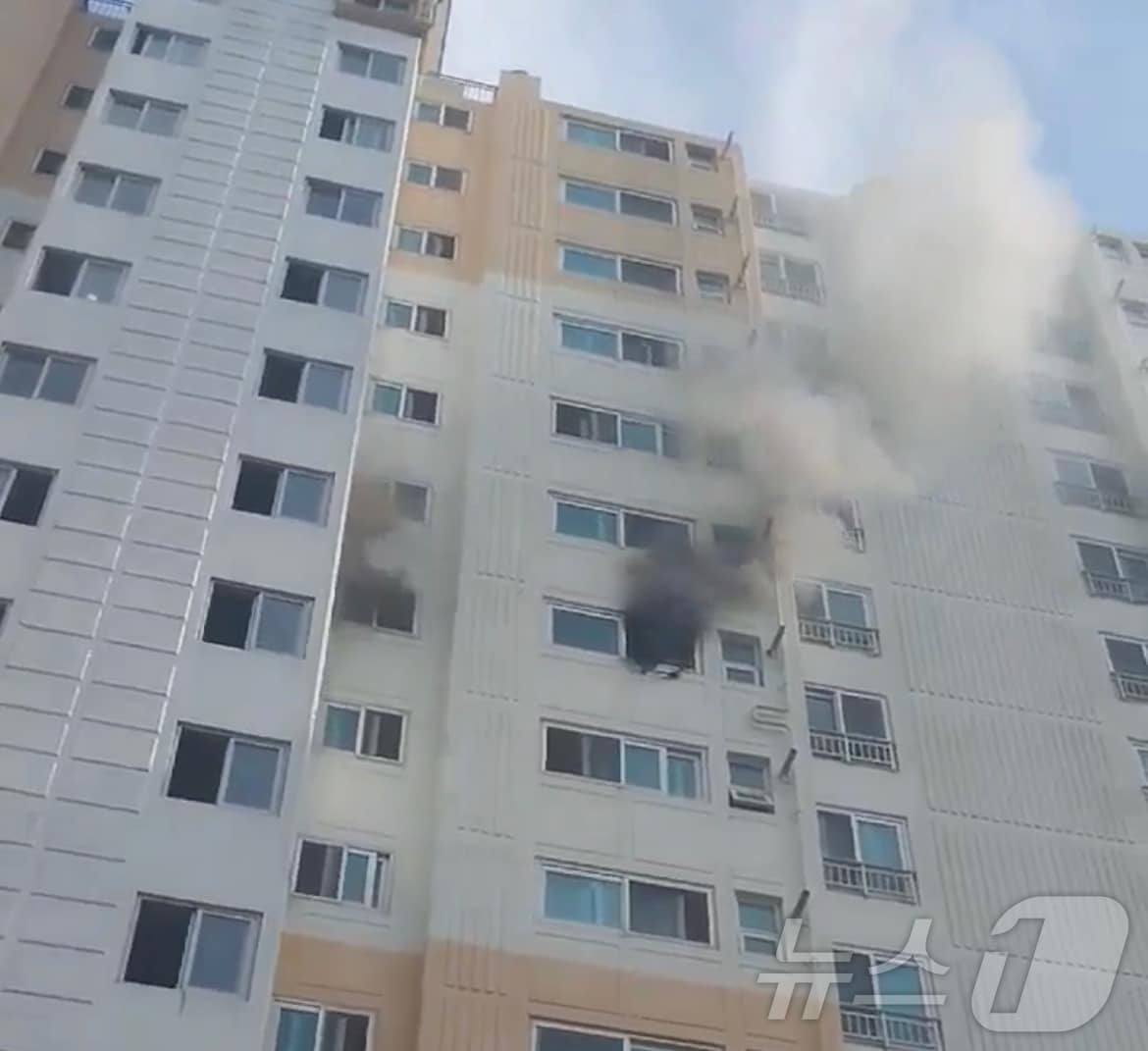 14일 오후 4시14분쯤 경남 창원시 마산합포구 진동면 15층짜리 아파트 9층에서 불이 났다. 사진은 화재 현장 모습.(창원소방본부 제공)