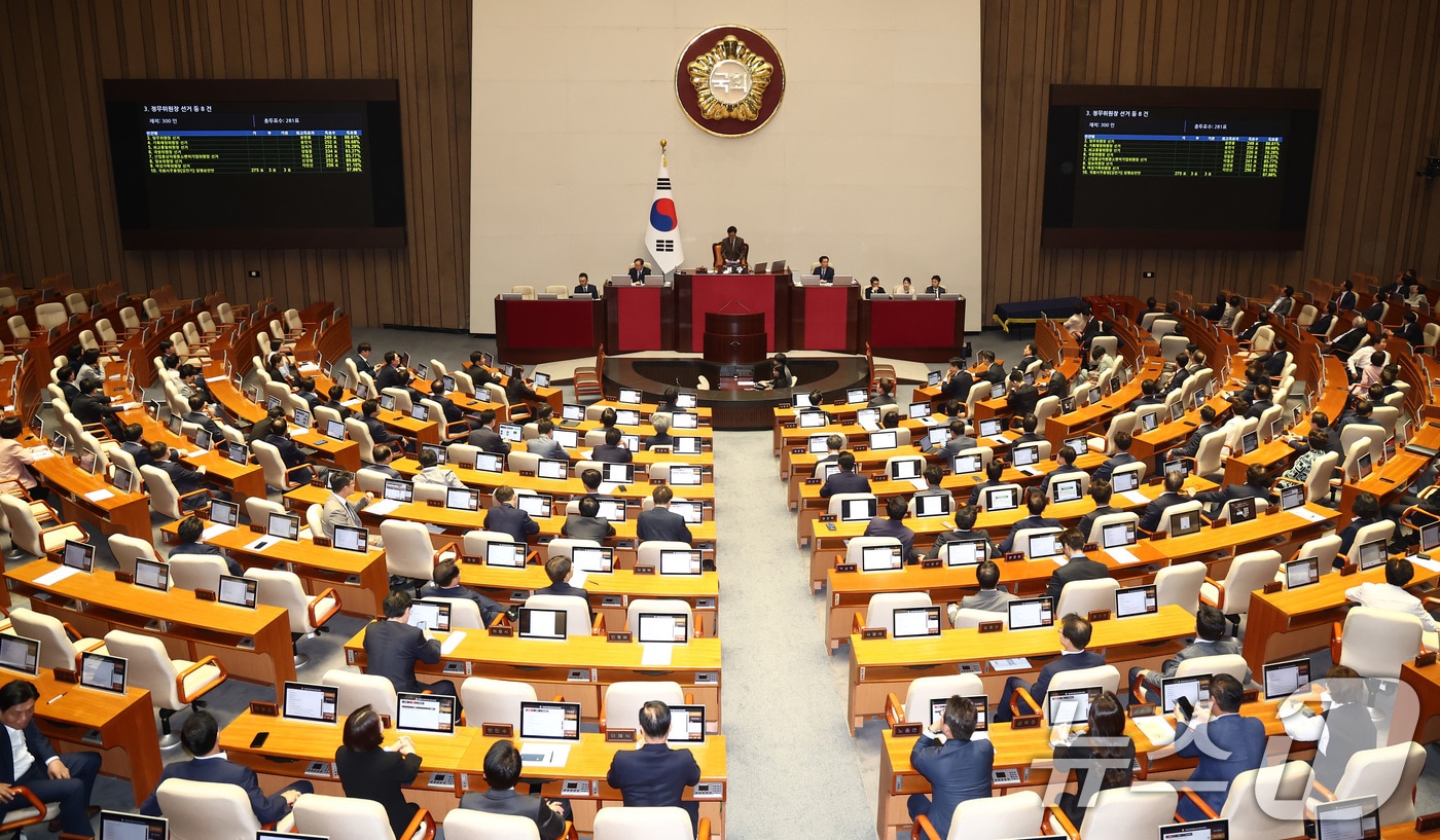 27일 오후 서울 여의도 국회에서 열린 제415회 국회&#40;임시회&#41; 제3차 본회의에서 7개 상임위원장 선거 결과가 발표되고 있다. 상임위원장은 윤한홍 정무위원장, 송언석 기획재정위원장, 김석기 외교통일위원장, 성일종 국방위원장, 이철규 산업통상자원중소벤처기업위원장, 신성범 정보위원장, 이인선 여성가족위원장이 선출됐다. 2024.6.27/뉴스1 ⓒ News1 김민지 기자