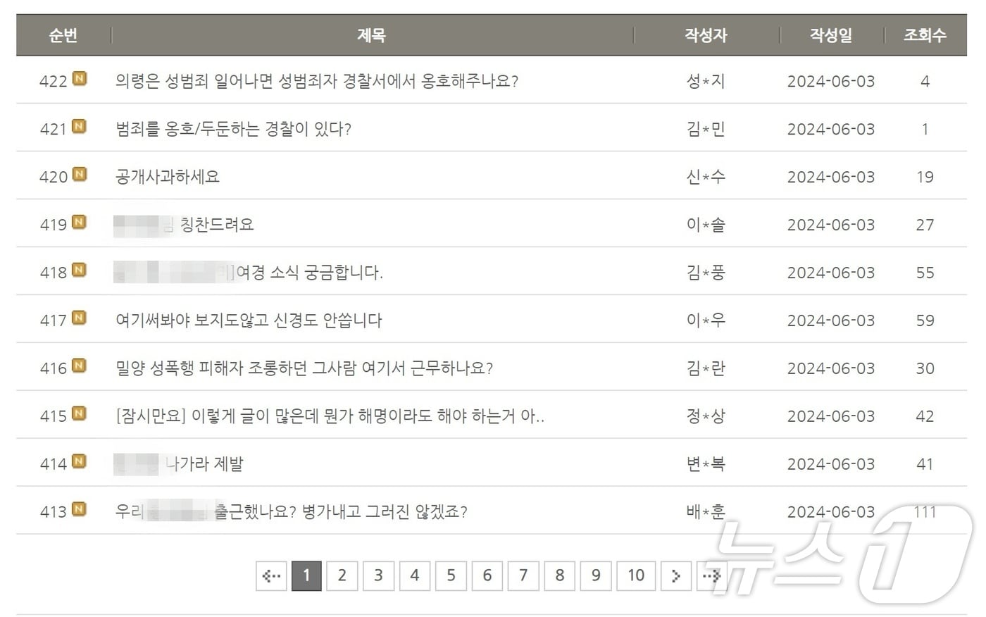 의령경찰서 &#39;칭찬합시다&#39; 게시판 화면 캡쳐.