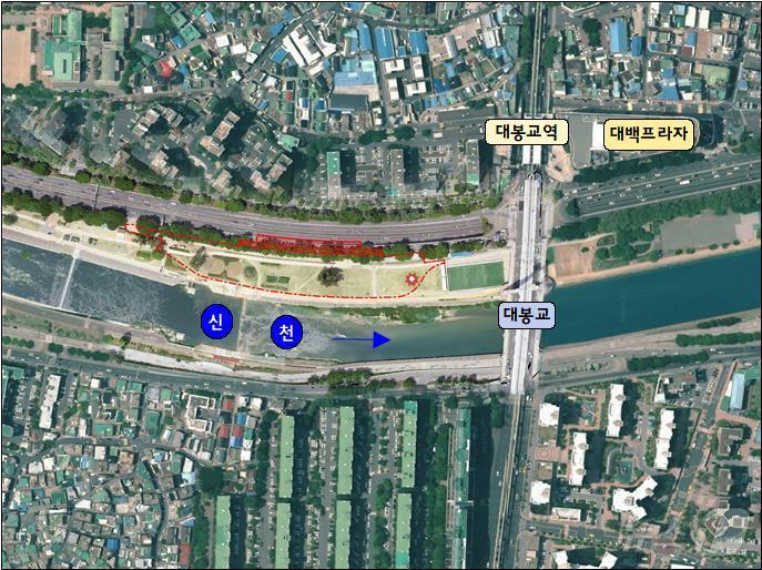 대구 남구 이천동 대봉교역 동남측 신천 둔치에 사계절 물놀이장&#40;붉은 점선&#41;이 들어섰다.&#40;대구시 제공&#41;