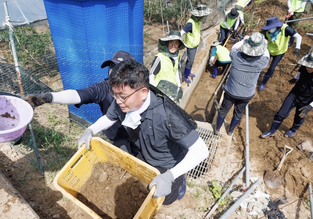 충북지역 농협 임직원들이 영둥군에서 수해복구 작업을 하고 있다.&#40;충북농협제공&#41; / 뉴스1 