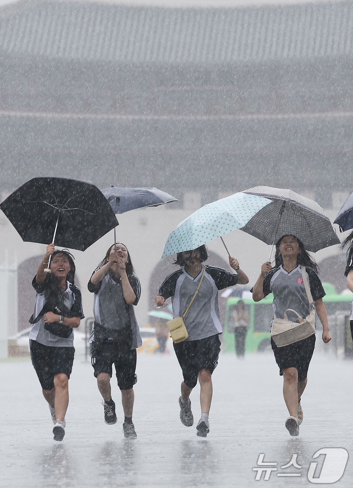 서울 광화문광장에서 우산 쓴 학생들이 즐거운 시간을 보내고 있다. 뉴스1 ⓒ News1 박지혜 기자