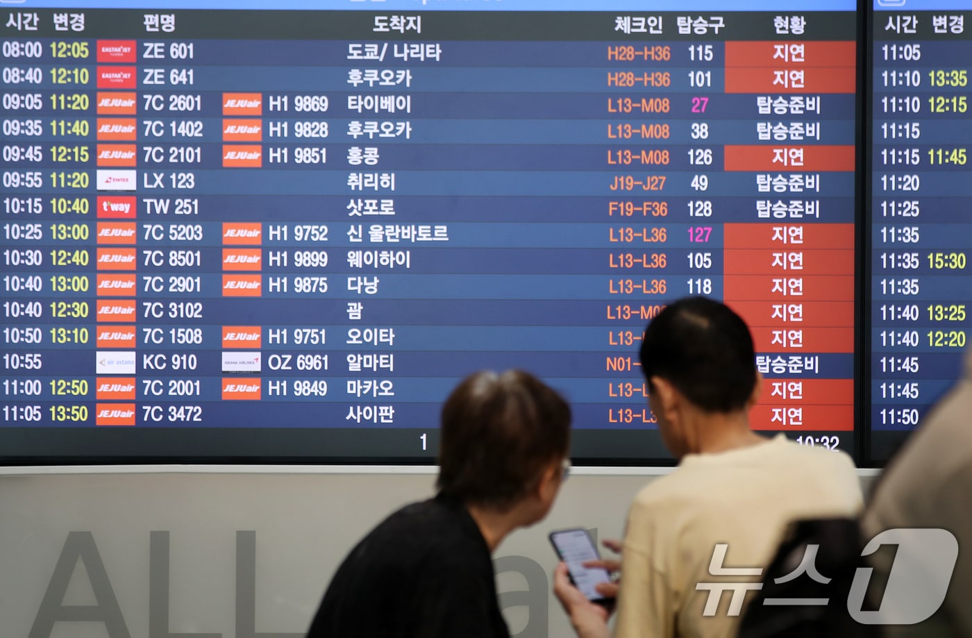 미국 마이크로소프트(MS) 클라우드 서비스 장애로 국내공항에서 항공기 탑승권 발권에 차질을 빚었던 국내 항공사들의 시스템 복구가 완료돼 항공편이 정상 운항되고 있다. 20일 인천공항공사에 따르면 이날 오전 9시 기준, 제주항공과 이스타항공, 에어프레미아 등 국내 항공사들이 체크인 시스템 복구를 완료했다. 다만 전날 장애의 여파로 항공기가 지연되고 있다. 20일 인천공항 전광판에 항공기 지연안내가 표시되고 있다. 2024.7.20/뉴스1 ⓒ News1 이승배 기자