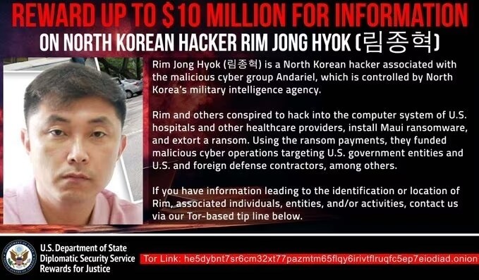 최근 미 국무부는 안다리엘 소속 북한 해커 림종혁에게 약 138억 원 현상금을 걸었다.(미 국무부 X 갈무리)