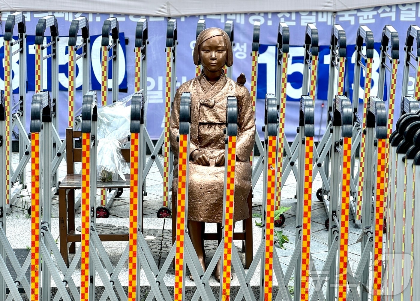 일본군 '위안부' 피해자 기림의 날인 14일 서울 종로구 옛 일본대사관 앞에 평화의 소녀상이 경찰 바리케이드에 둘러싸여 있다. 2024.8.14/뉴스1 ⓒ News1 유승관 기자