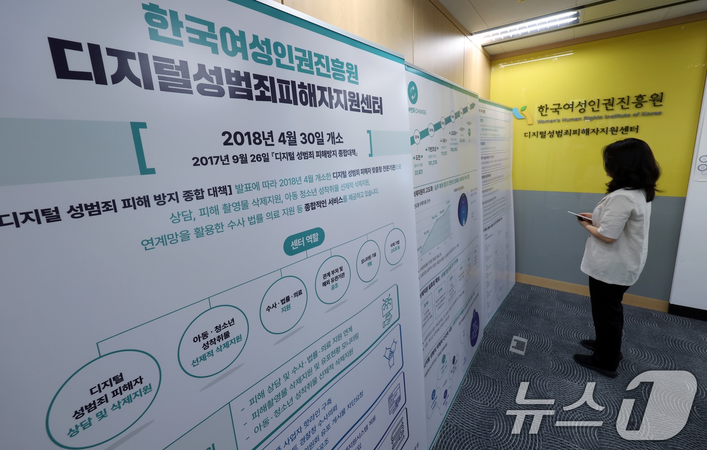 최근 생성형 인공지능 기술을 활용한 이미지 합성 기술(딥페이크)로 제작된 허위 음란영상물이 SNS를 통해 디지털 성범죄 피해가 확산되는 가운데 28일 오후 서울 중구 한국여성인권진흥원에 설치된 디지털 성범죄 피해자 지원센터에서 관계자가 관련 내용이 담긴 배너를 살펴보고 있다. 2024.8.28/뉴스1 ⓒ News1 박정호 기자