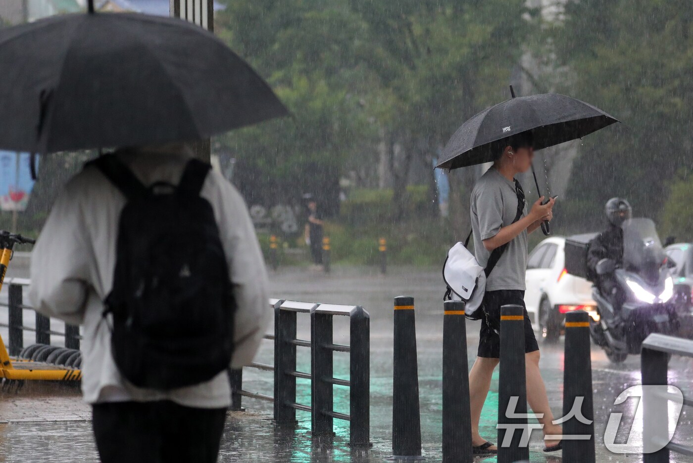 전북 대부분 지역에 호우특보가 발효된 5일 전북자치도 전주시 백제대로에서 우산을 쓴 시민들이 발걸음을 재촉하고 있다. 2024.8.5/뉴스1 ⓒ News1 유경석 기자