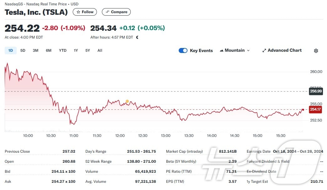 테슬라 일일 주가추이 - 야후 파이낸스 갈무리