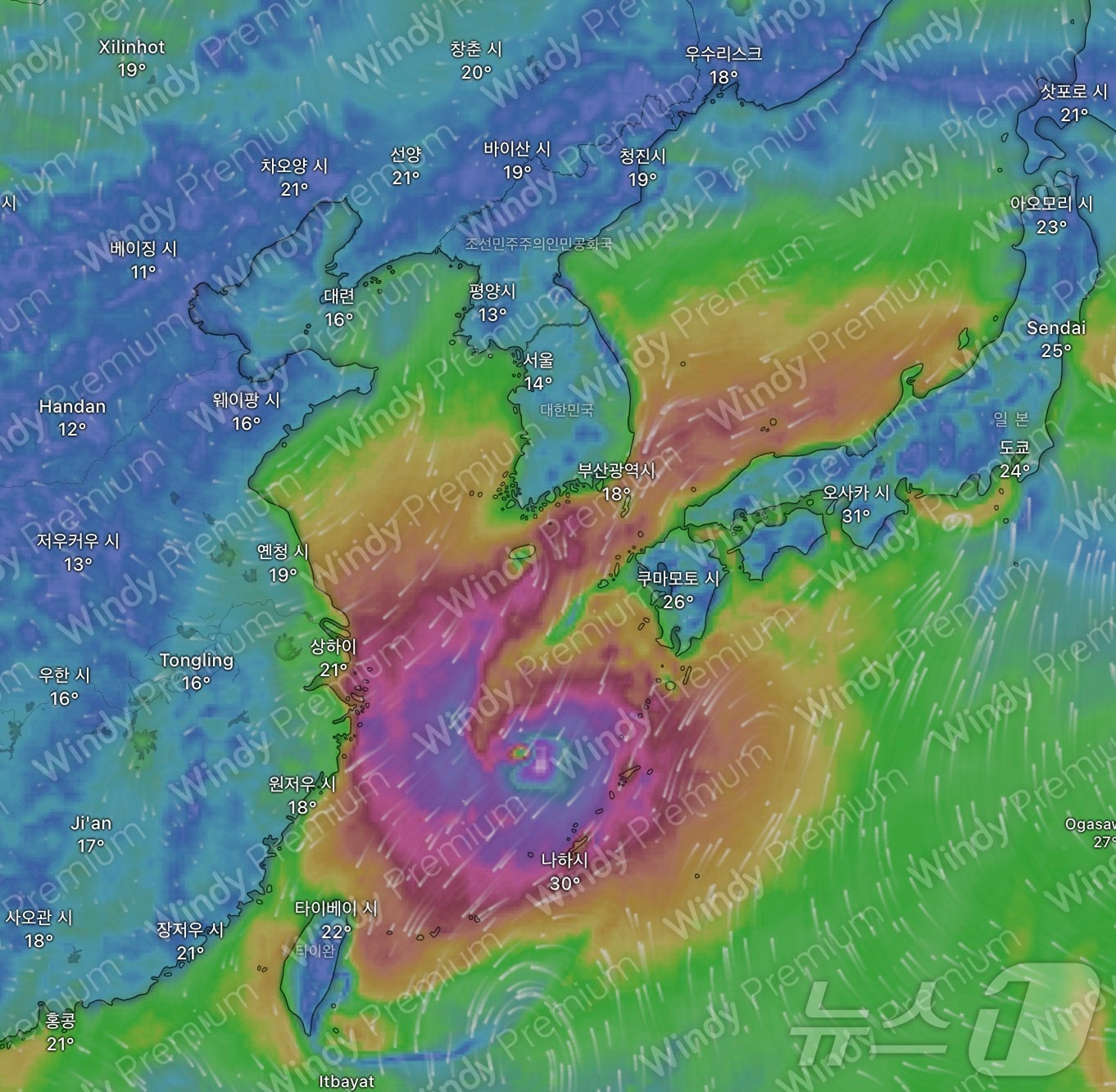 유럽중기예보센터&#40;ECMWF&#41;의 개천절 10월 3일 제39호 열대저압부 예측 이동 경로 ⓒ 뉴스1