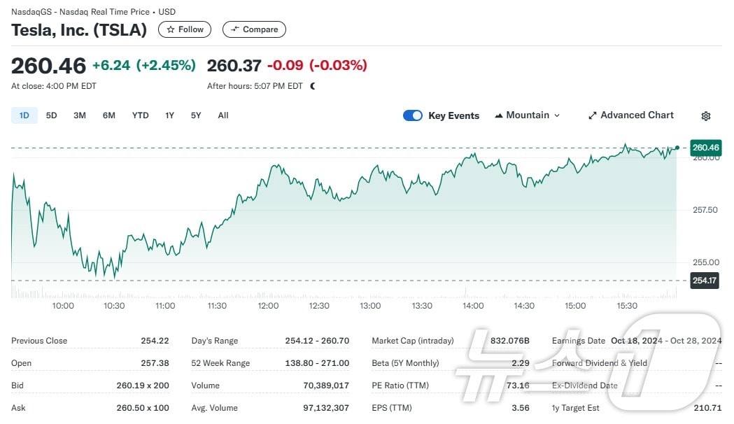 테슬라 일일 주가추이 - 야후 파이낸스 갈무리