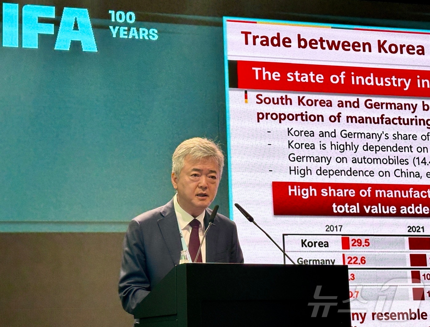 이인호 한국무역협회 부회장이 7일&#40;현지시간&#41; 독일 베를린에서 개최된 IFA 2024 콘퍼런스에서 기조연설을 하고 있다.&#40;한국무역협회 제공&#41;