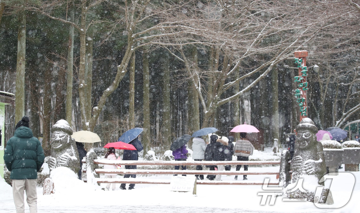 제주 산지와 중산간, 남부지역에 대설특보가 발효 중인 10일 오전 제주시 봉개동 절물자연휴양림에서 관광객들이 설경을 즐기고 있다. 2025.1.10/뉴스1 ⓒ News1 오현지 기자